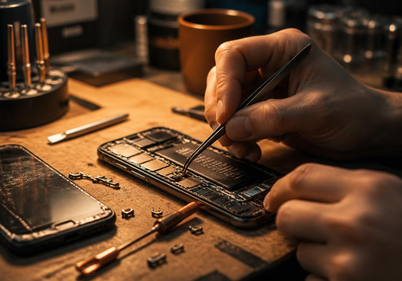 Technician repairing a disassembled smartphone at the iPoint workbench